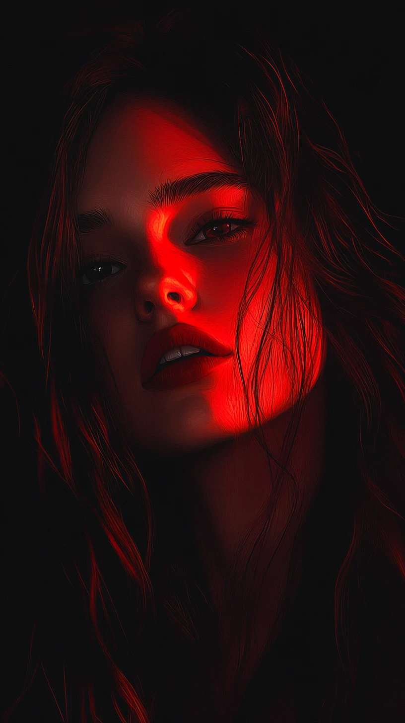 Dramatic red lit portrait of a young woman in shadow
