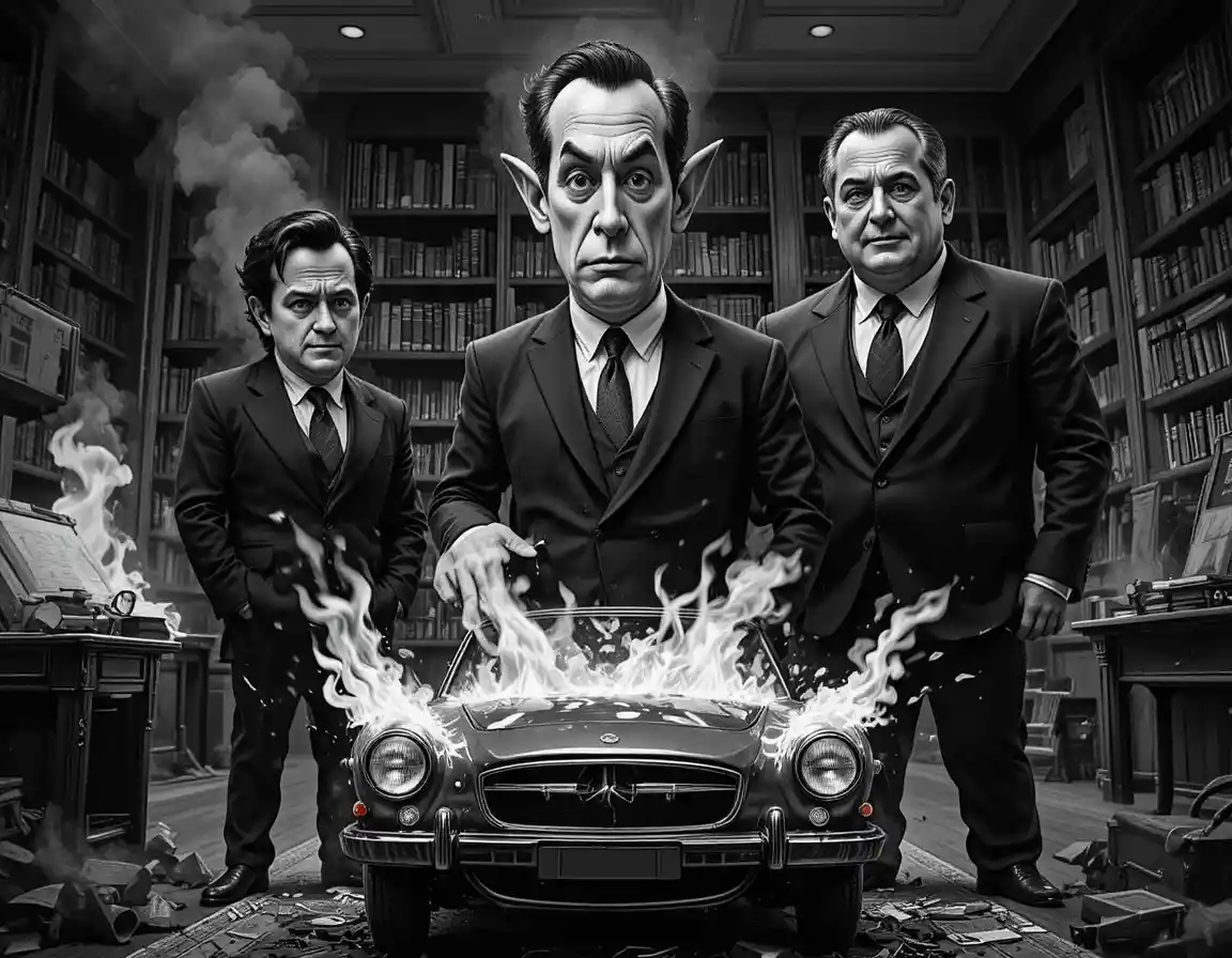 Three suited men before a burning car in library