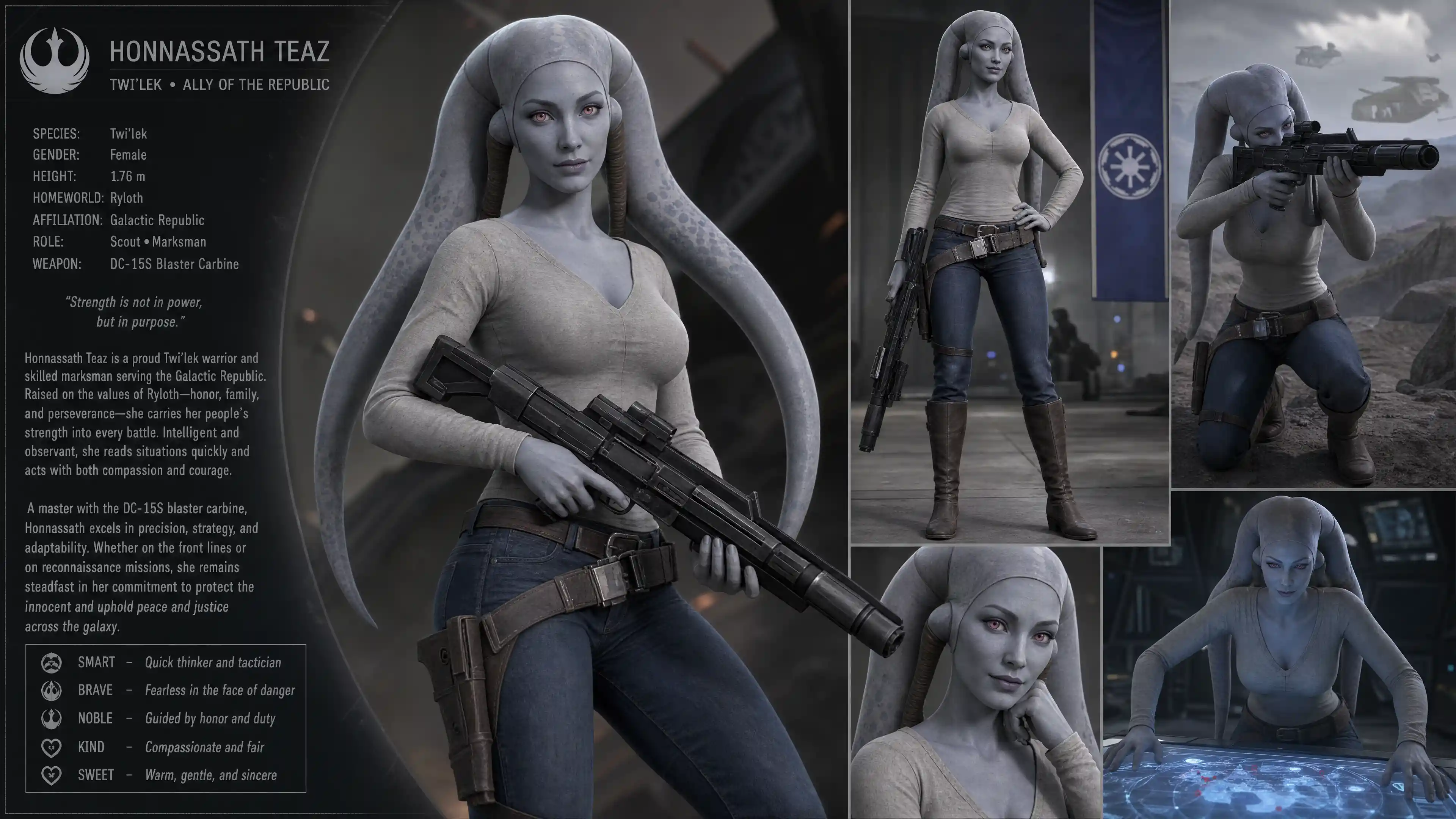 Brave female twi lek warrior holding a blaster carbine