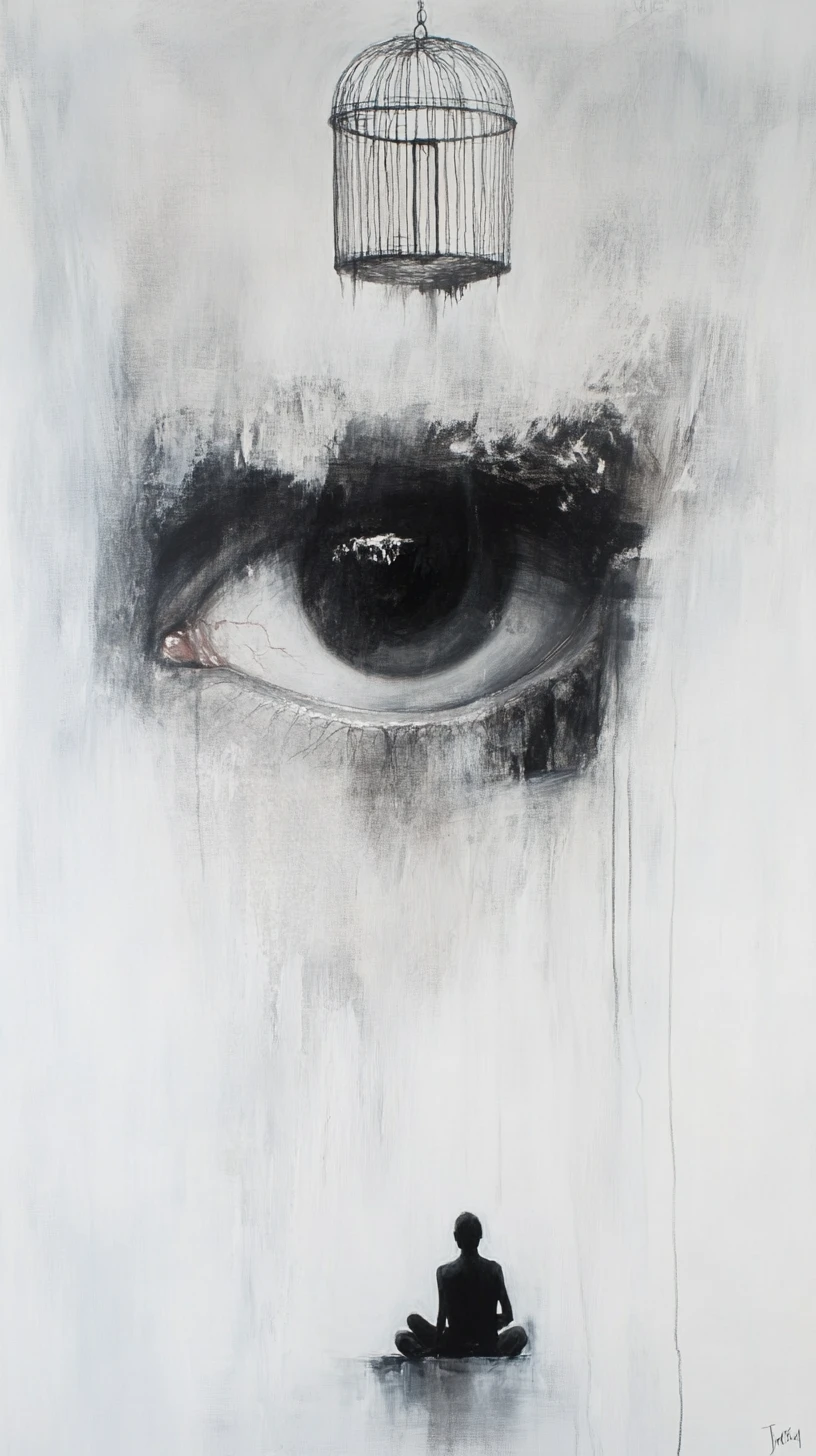 Single eye above small seated figure in abstract space