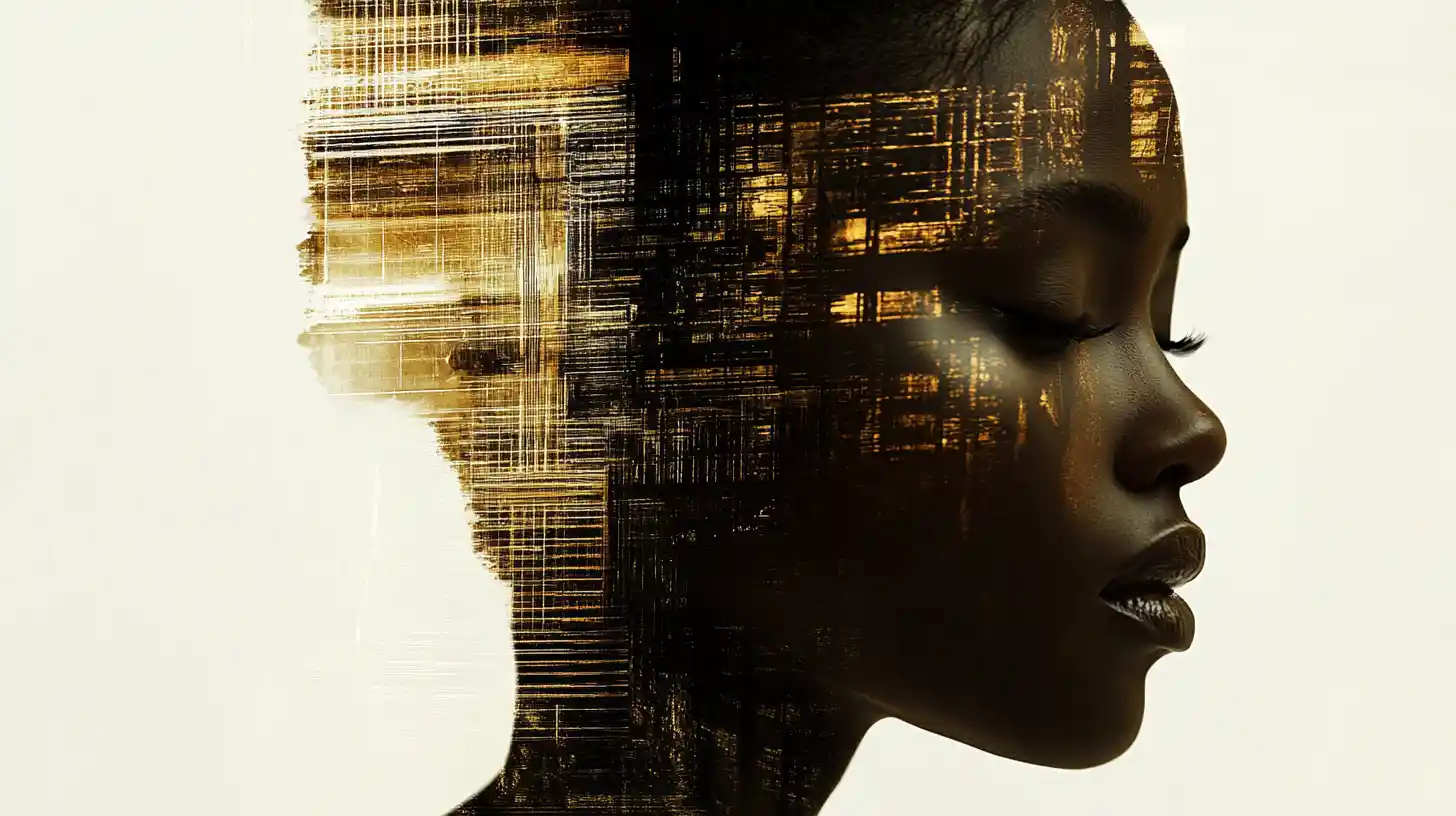 Surreal portrait merging human features with luminous city geometry