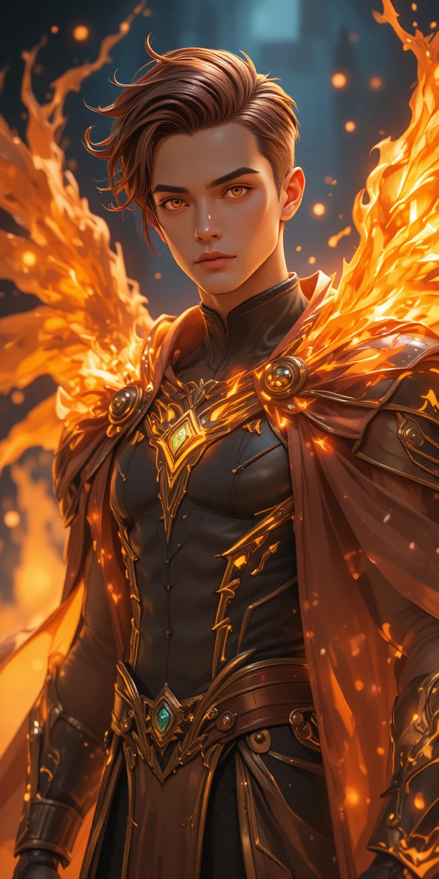 Fiery winged archer man with glowing orange eyes