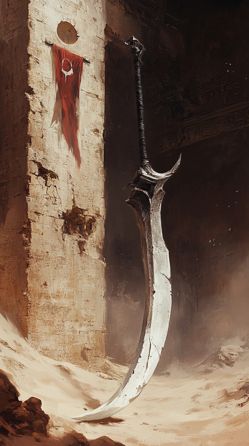 Battle scythe in sandy ruins under a raging sandstorm