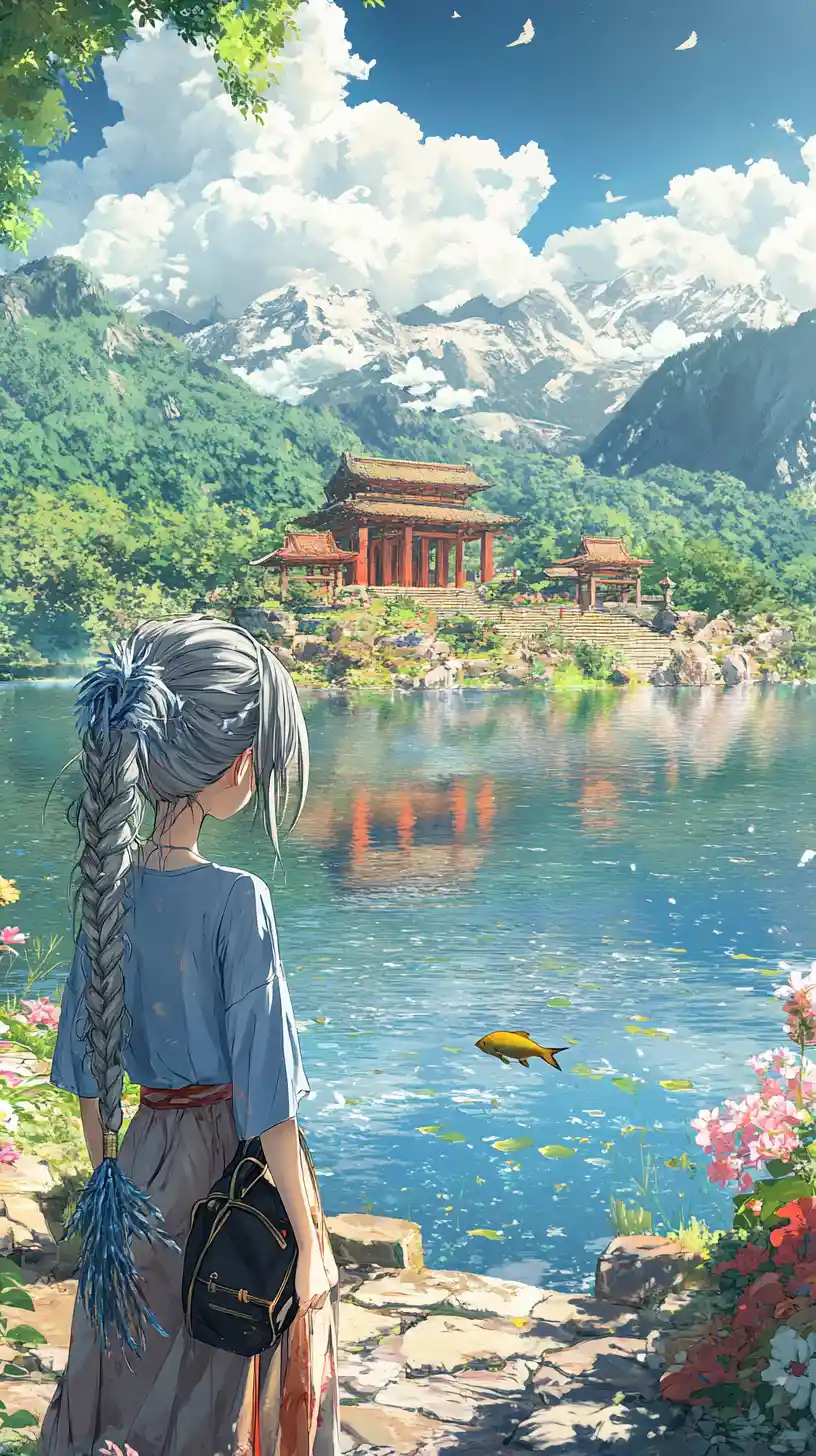 Anime girl by a tranquil mountain lake with ruins