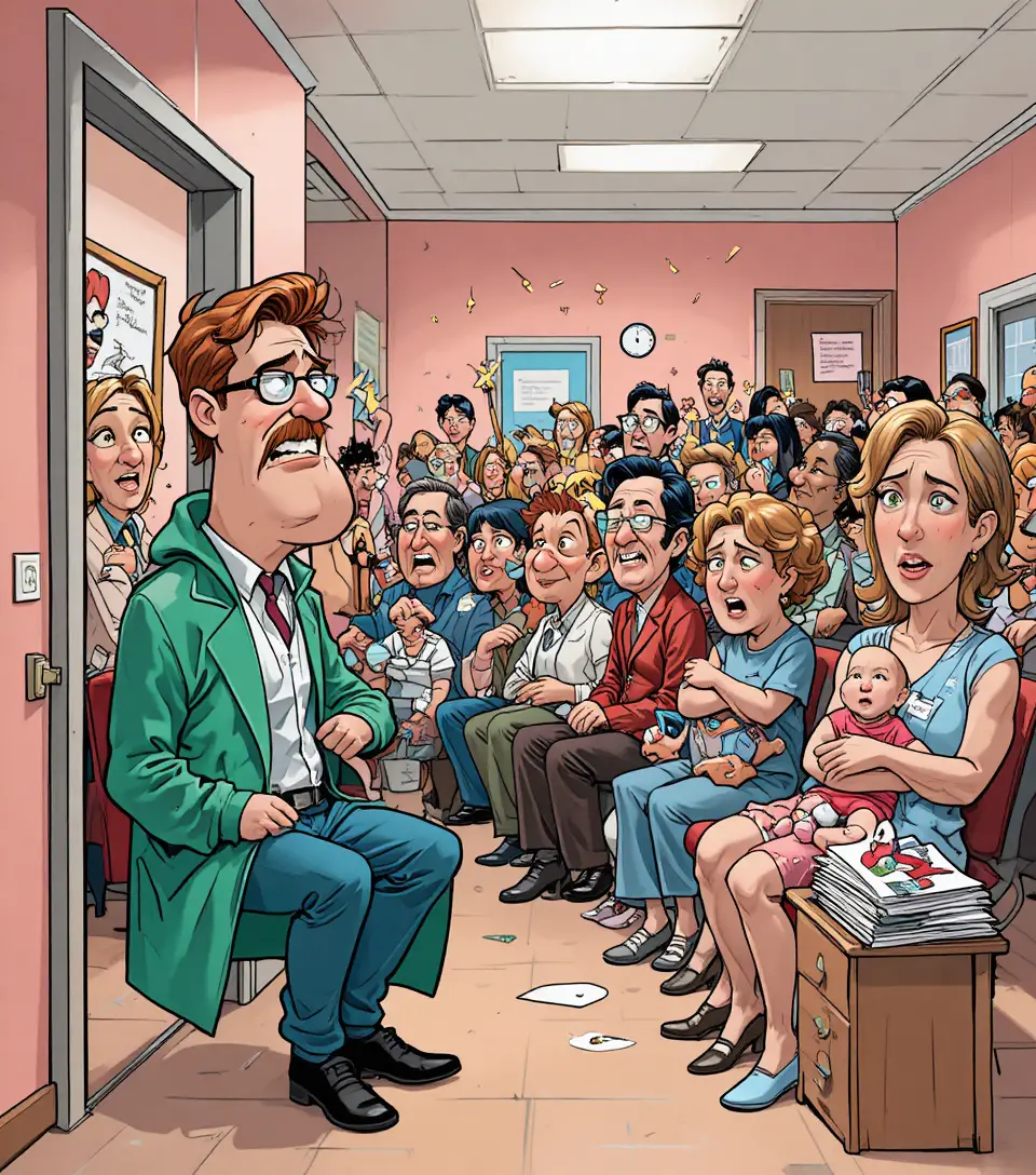 Stressed doctor at chaotic cartoon medical waiting room