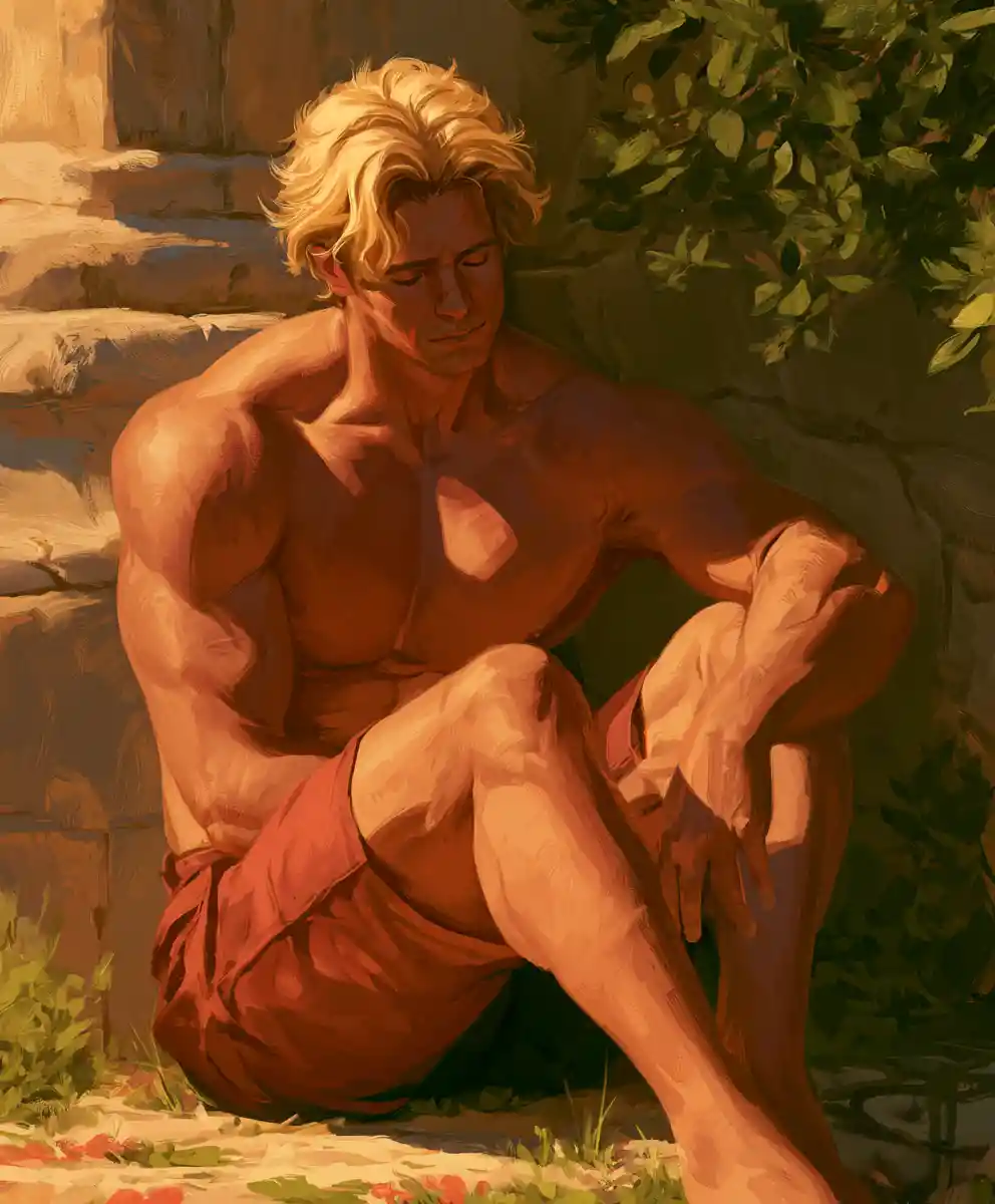 Blonde muscular man alone in a sad outdoor place