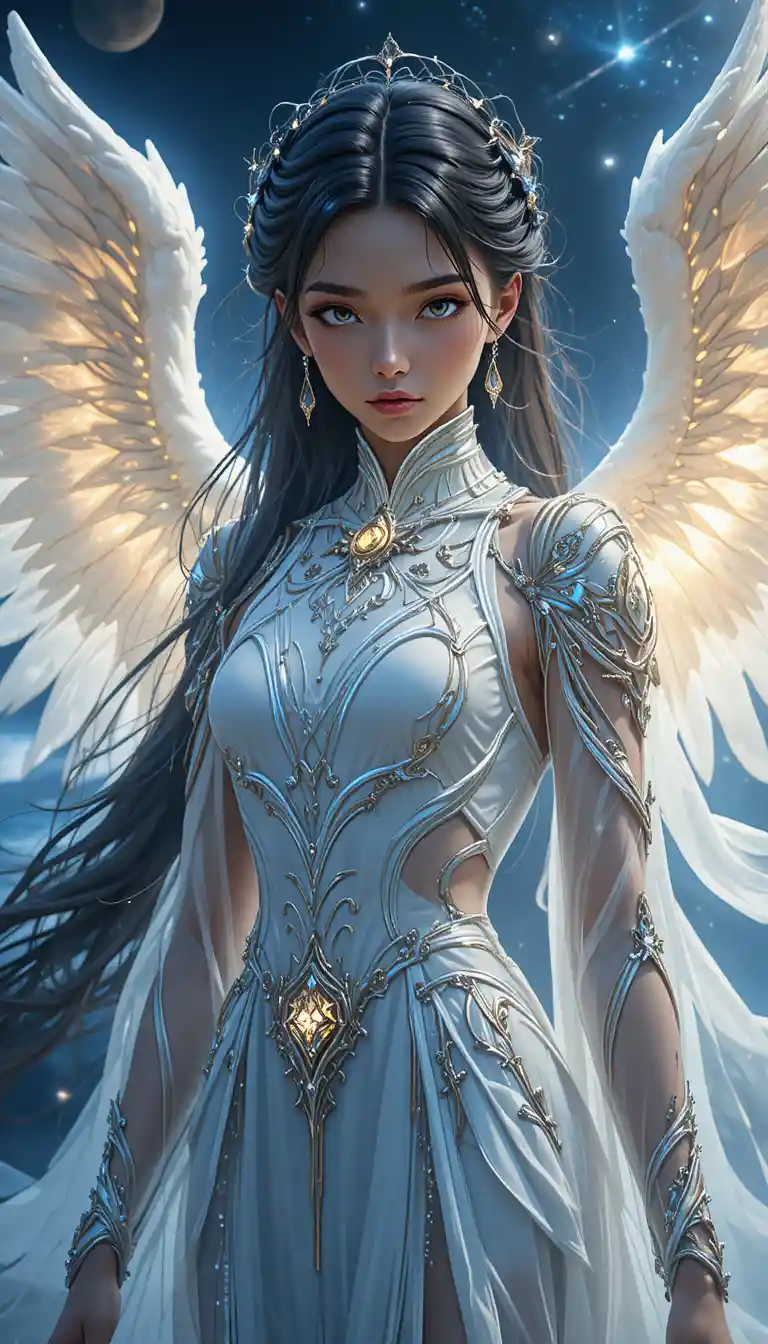Young winged fantasy girl in elegant white and blue outfit