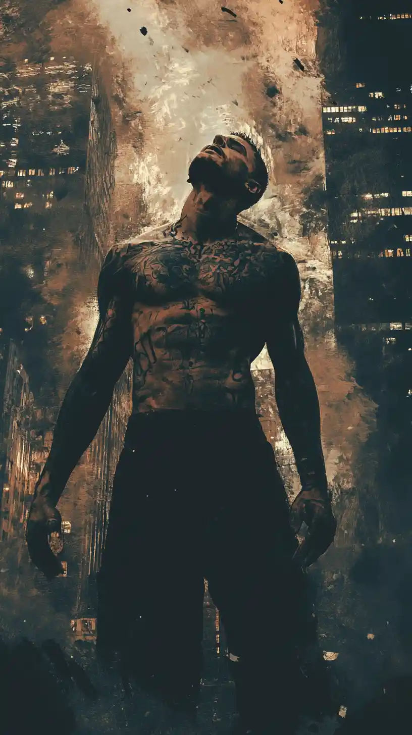 Confident man taking off his coat to show bold tattoos