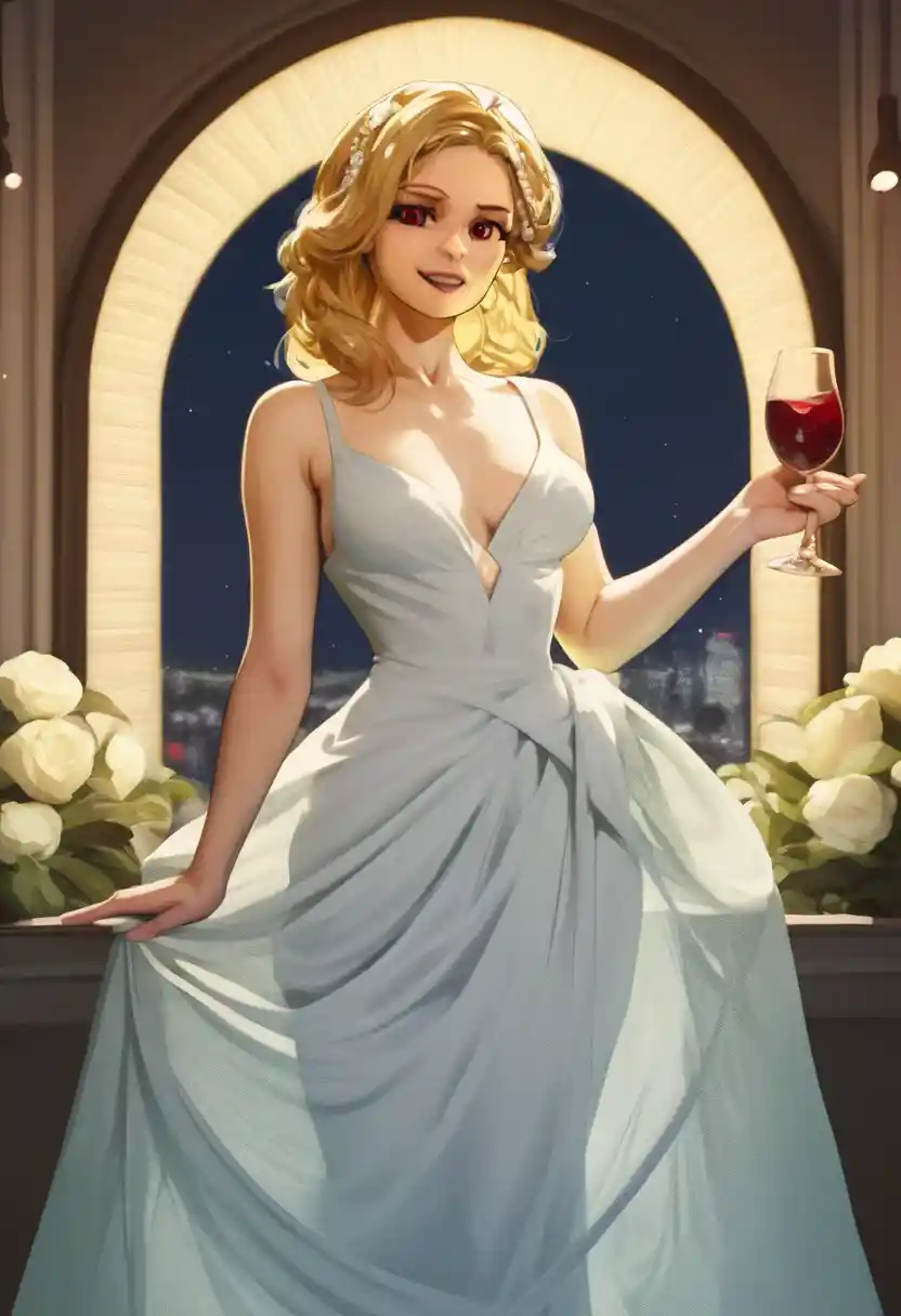Elegant blonde woman in sheer evening dress at night