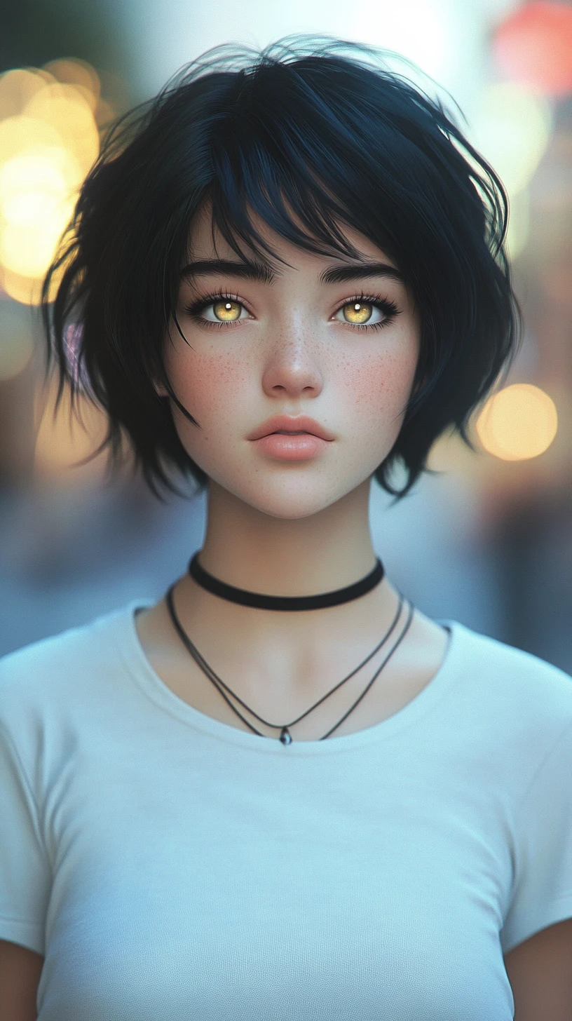 Retrato de chica de anime con ojos amarillos en calle de ciudad