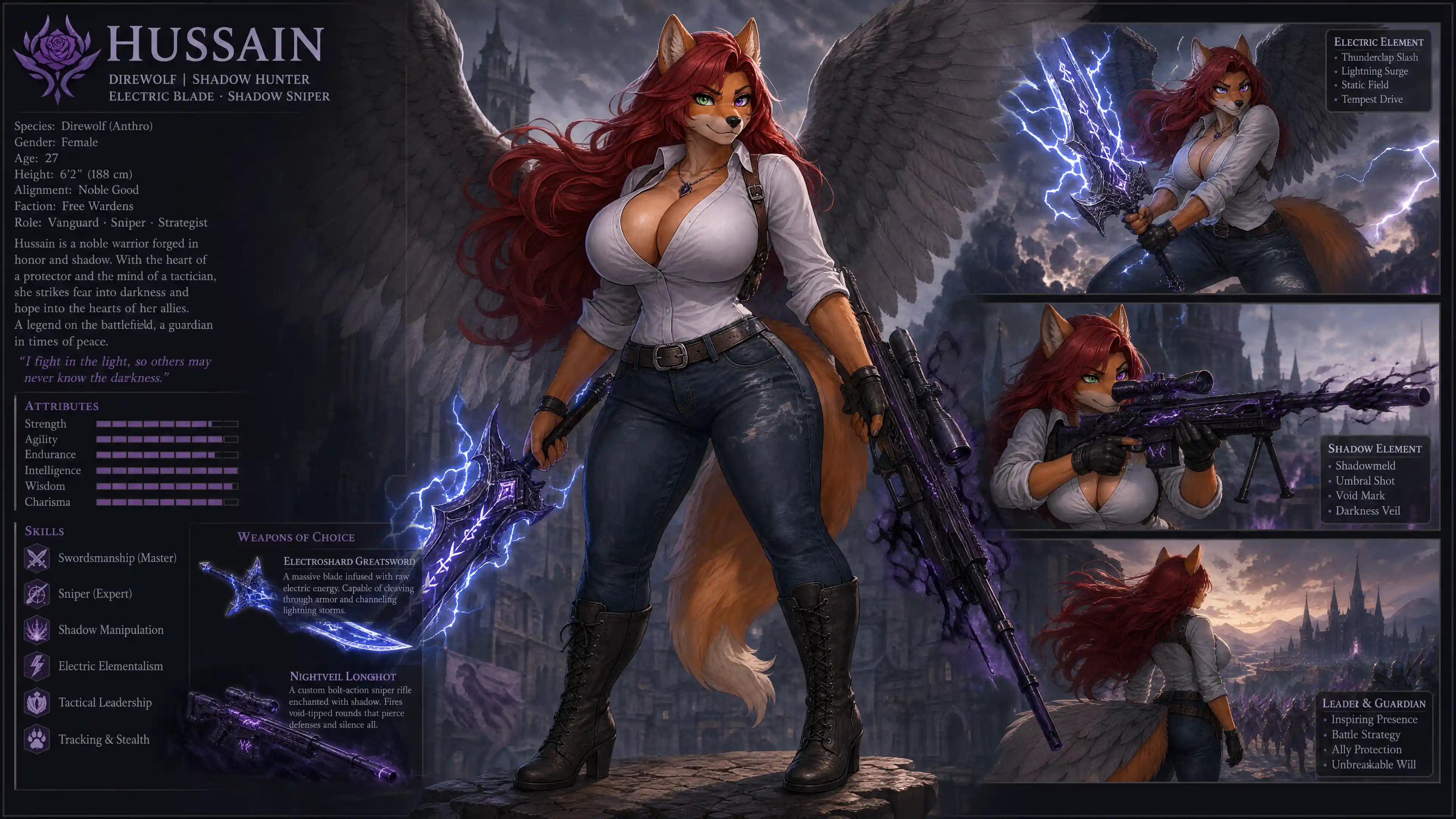 Heroic female direwolf warrior with sword and rifle