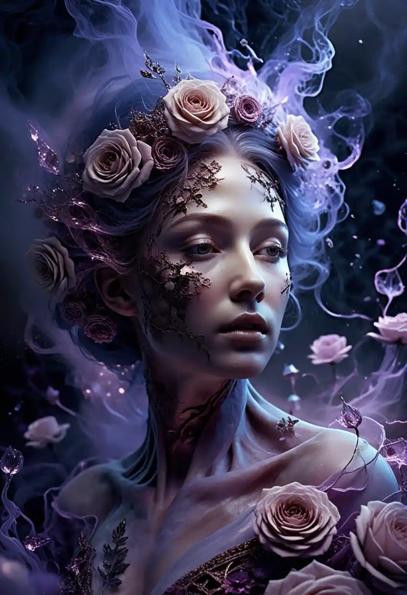 Ethereal Bioluminescent Figure Surrounded By Luminous Roses