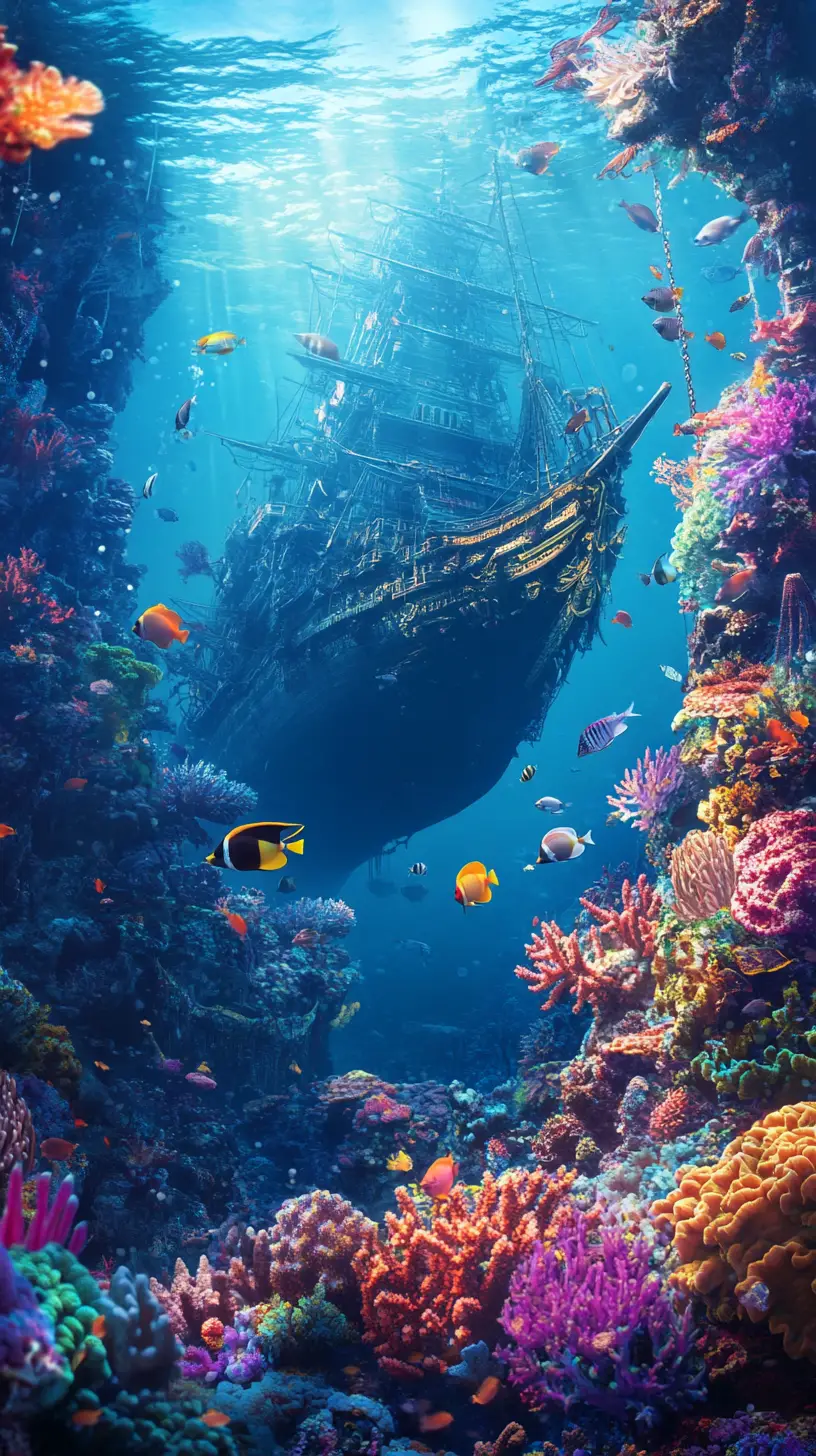 Colorful coral reef and sunken ship in anime ocean scene