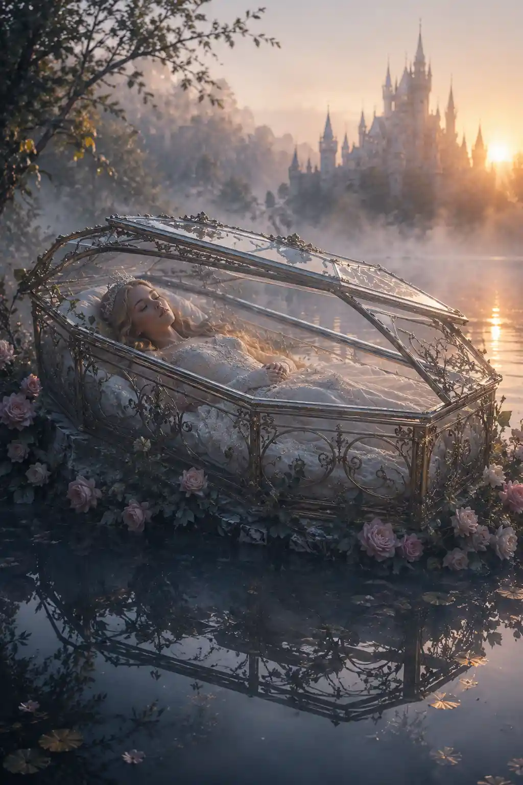 Sleeping woman in a glass coffin by a misty lake