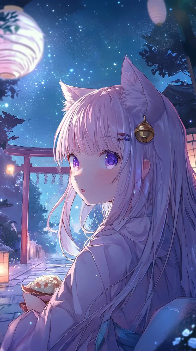 Nahaufnahme eines Anime-Katzenmädchens im sanften Mondlicht