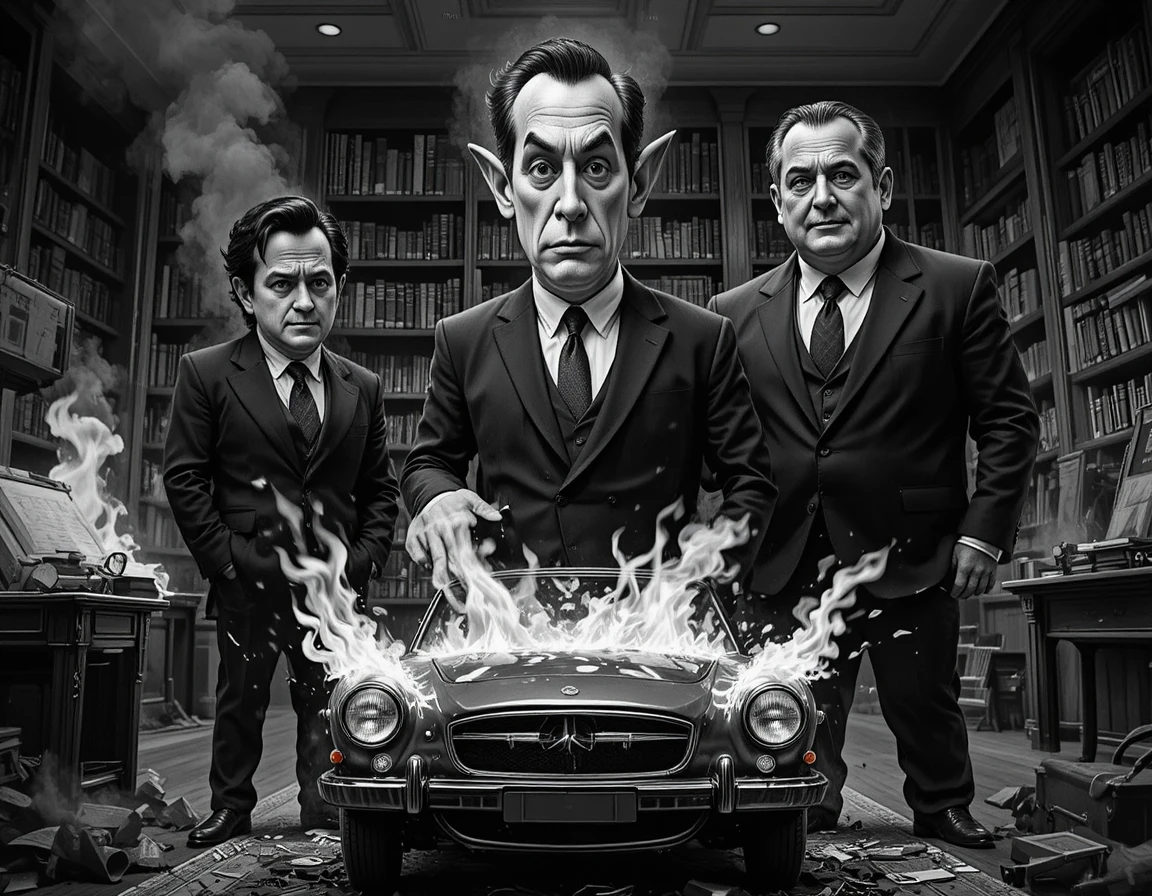 Three suited men before a burning car in library