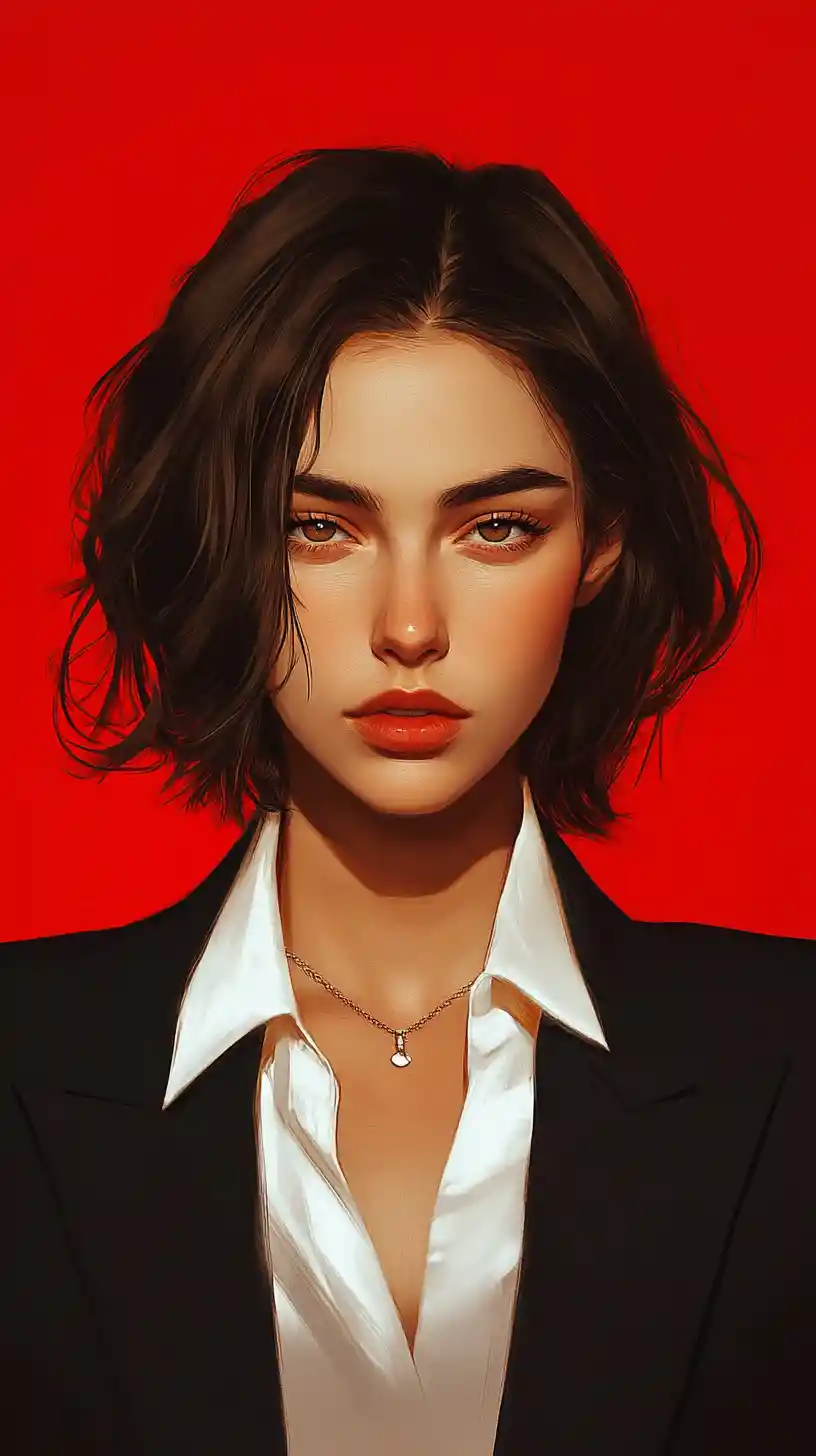Confident young woman in blazer on bold red background