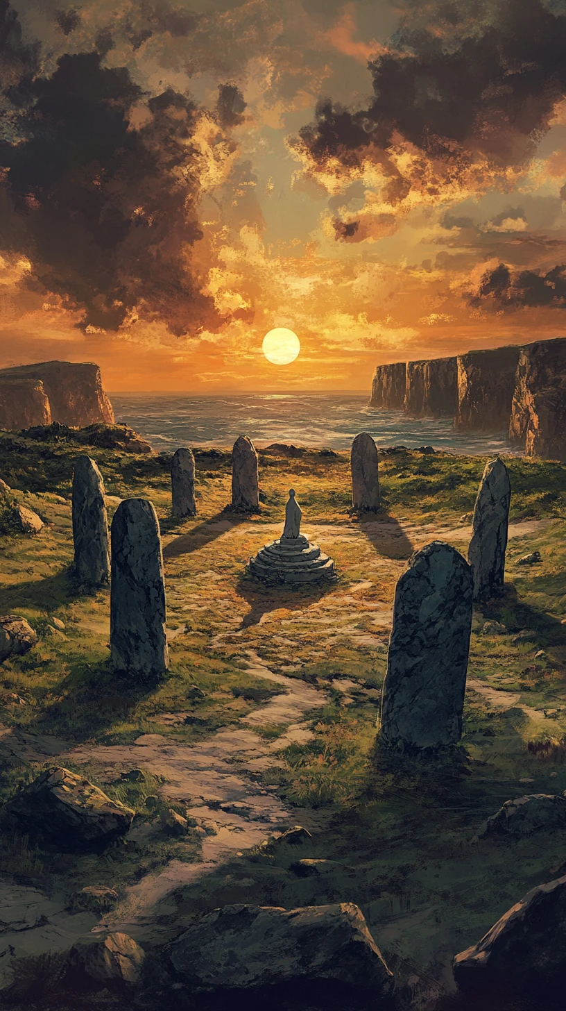 Stone circle chapel on a windswept coastal plain at sunset