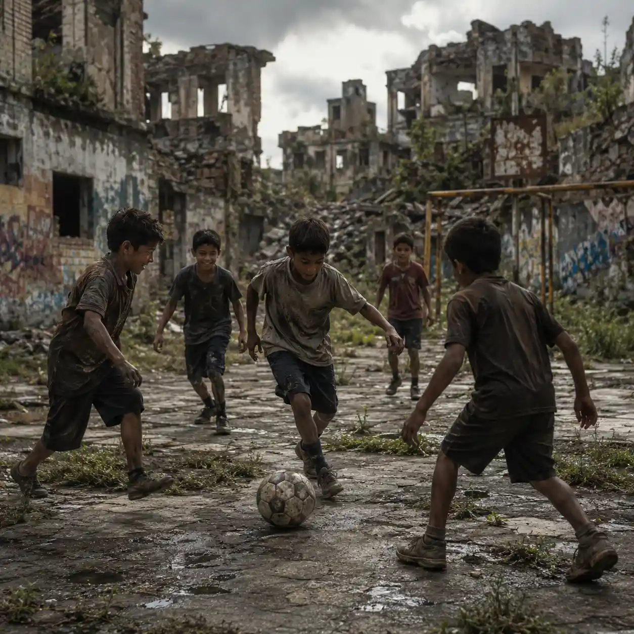 Boys Playing Soccer In An Abandoned City Schoolyard