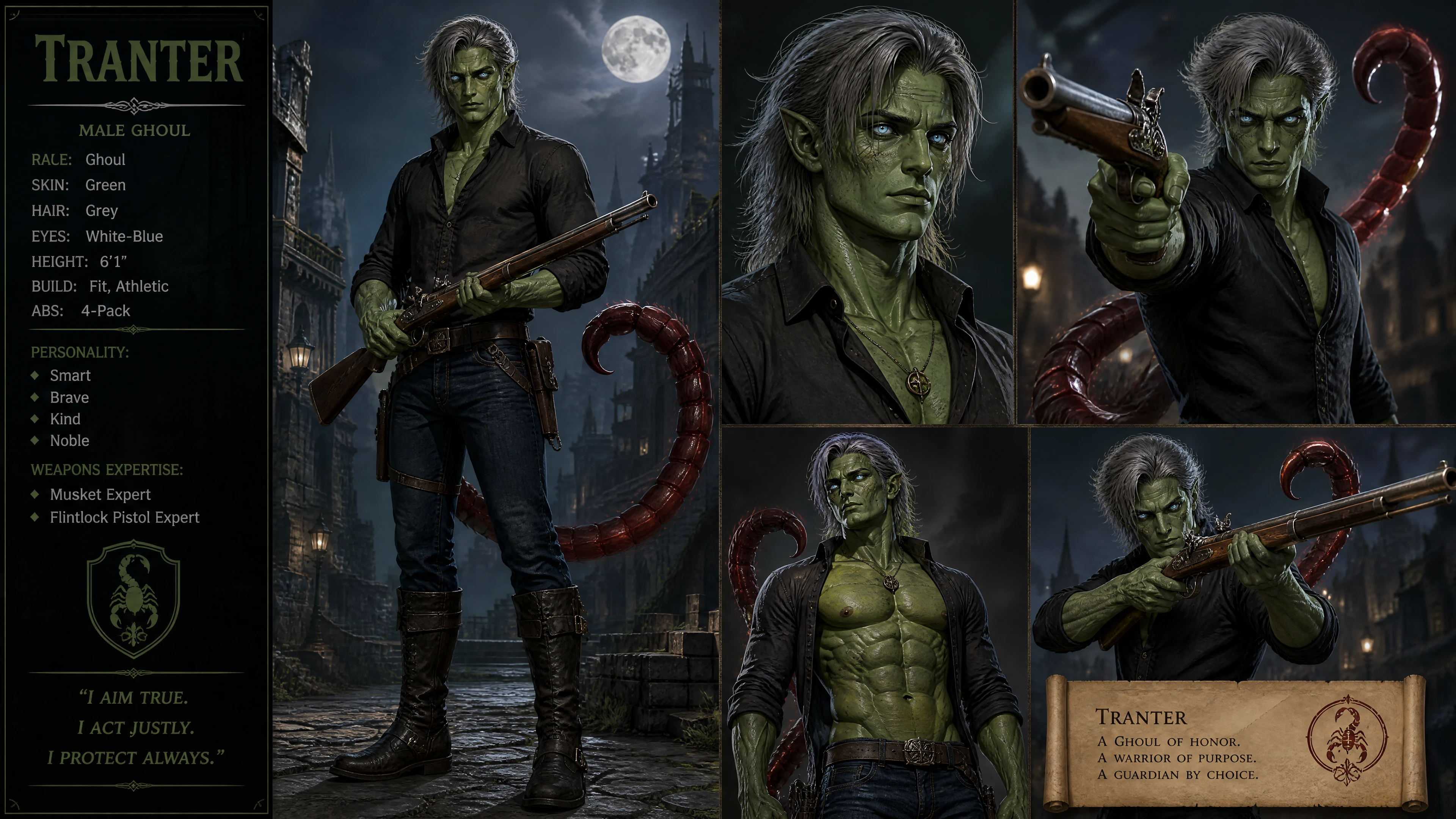 Guerreiro ghoul verde com cauda de escorpião e armas de pederneira