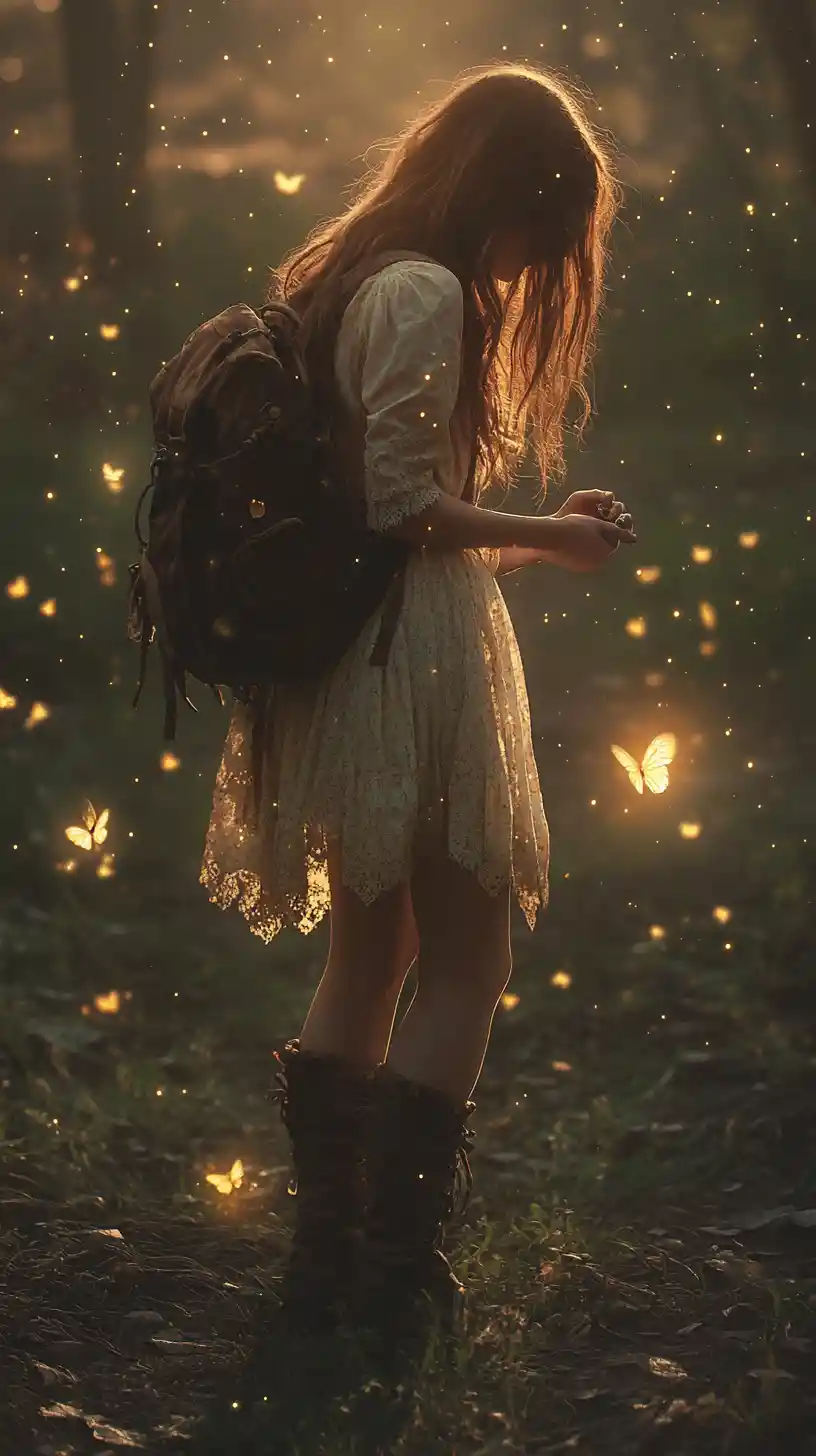 Girl in misty forest with glowing golden butterflies