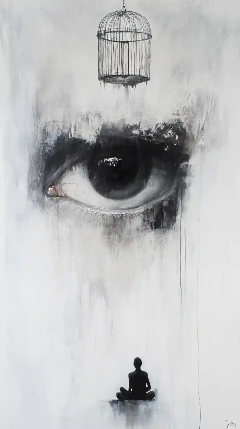 Single eye above small seated figure in abstract space