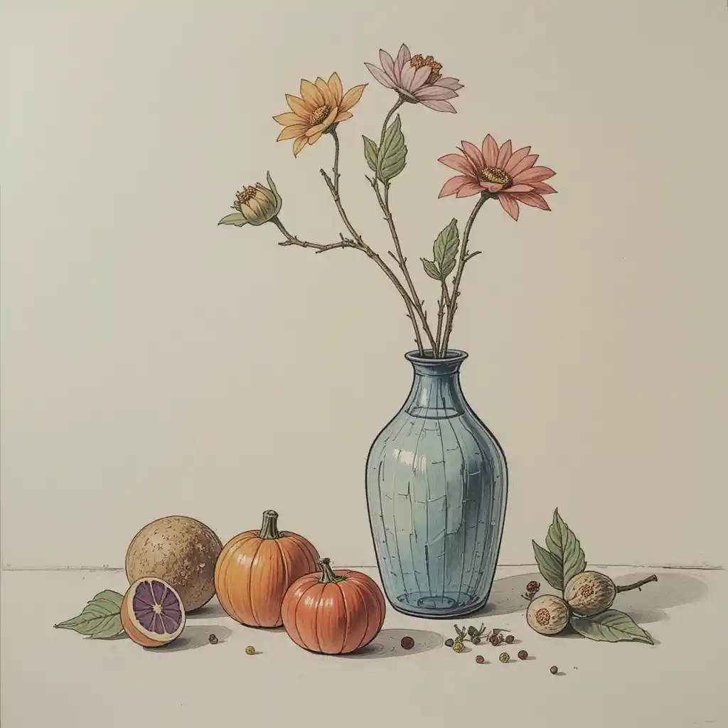 Centered still life painting on a clean white background