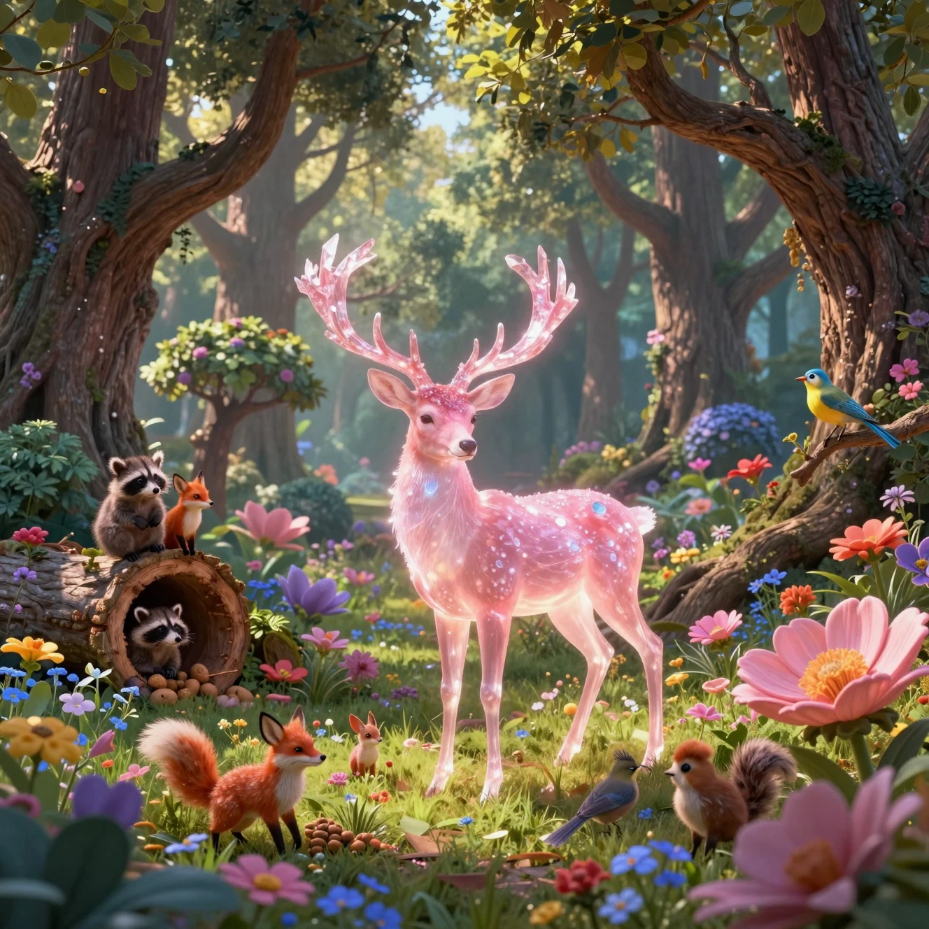 Ciervo rosa mágico en un bosque de fantasía encantado