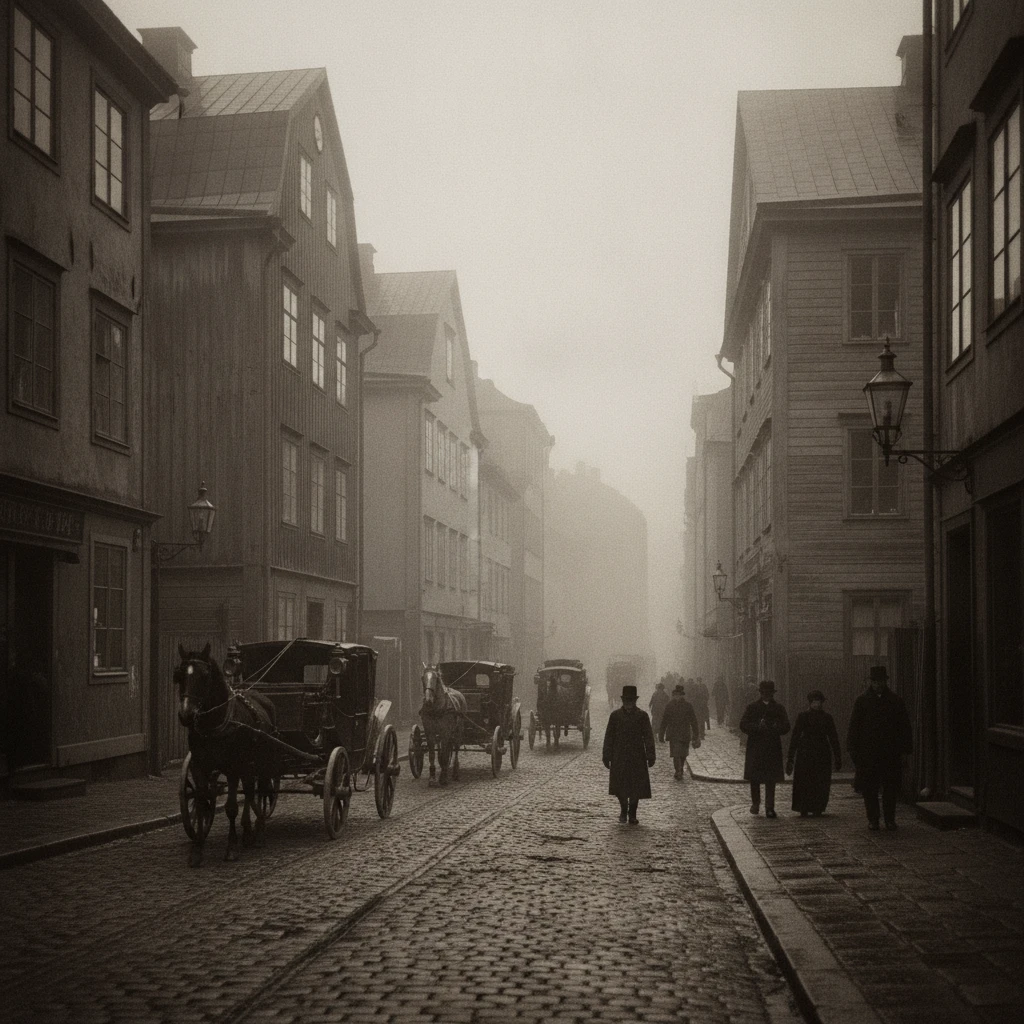 Vista en blanco y negro con niebla de una calle histórica de Estocolmo