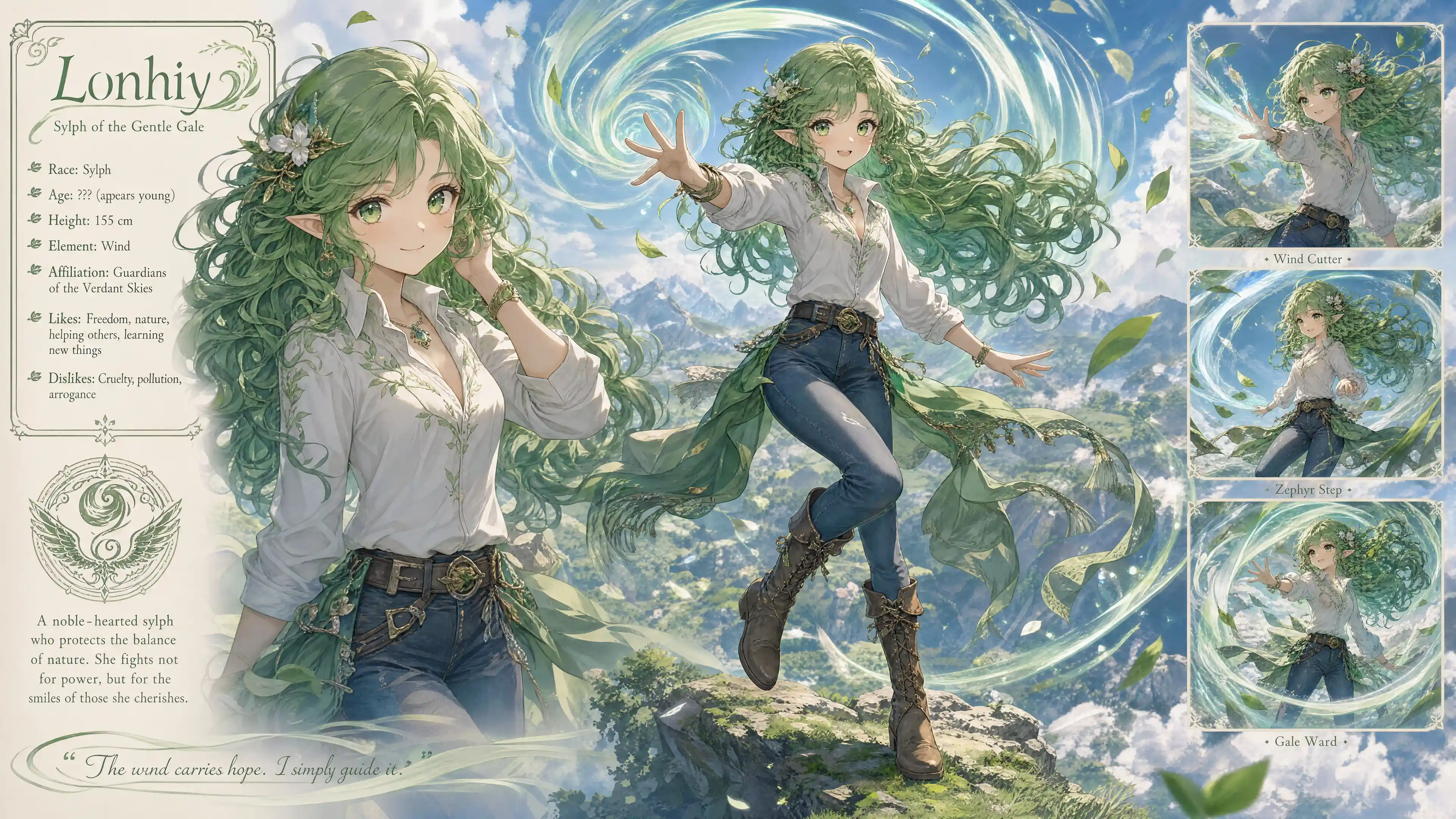 Cheerful green haired sylph girl casting a wind spell