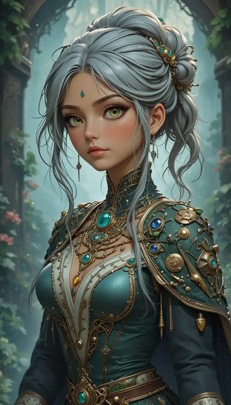 Anime treasure goddess daughter with silver hair and golden aura