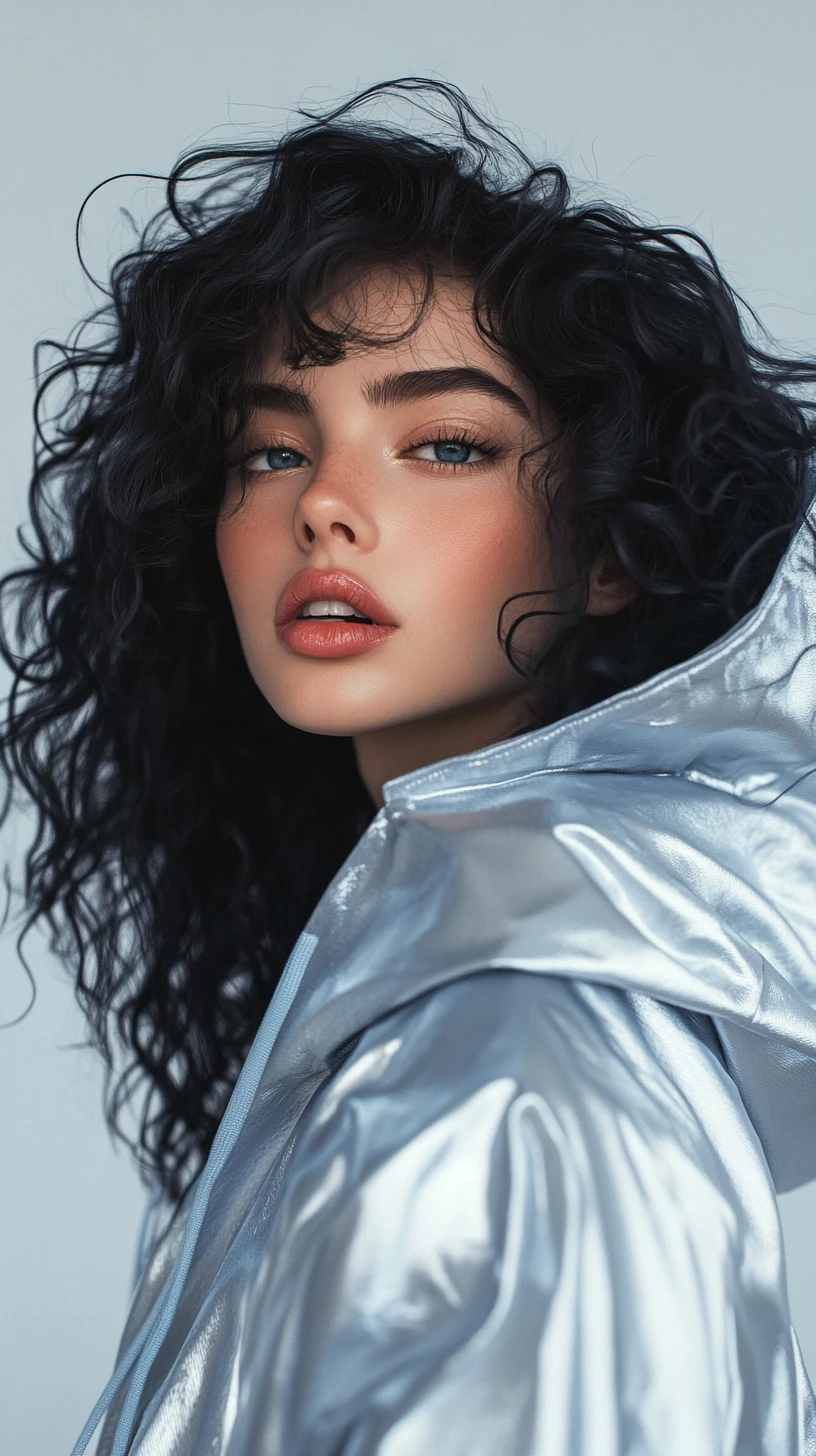 Anime girl in silver hood with deep blue curly hair