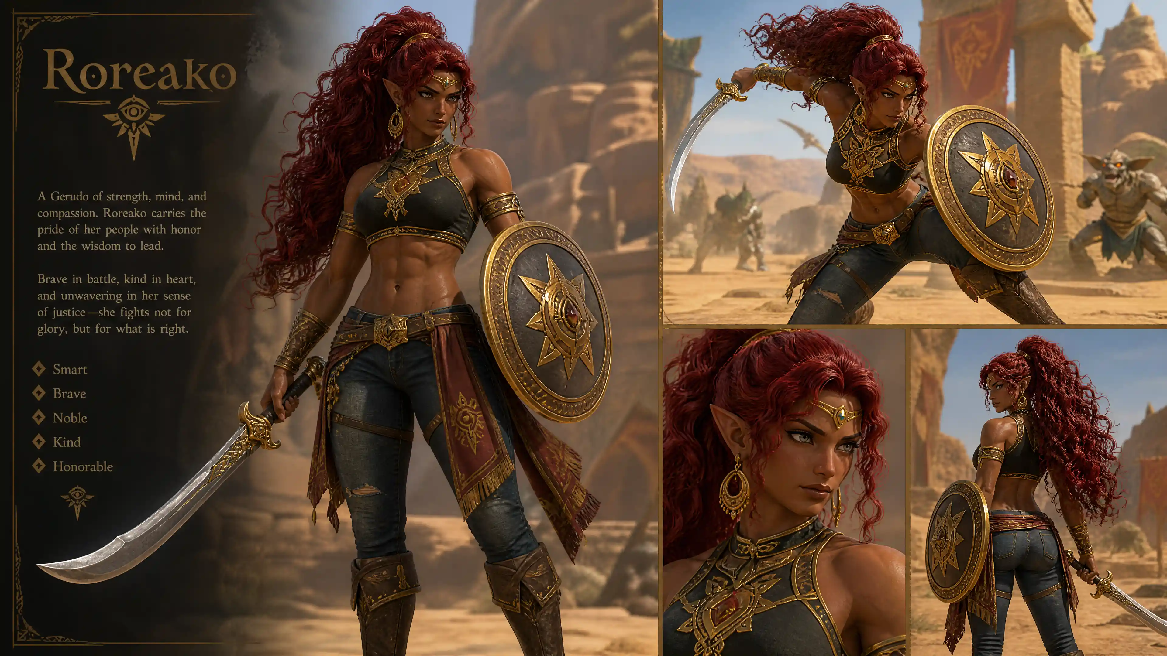 Strong gerudo warrior woman with scimitar and shield