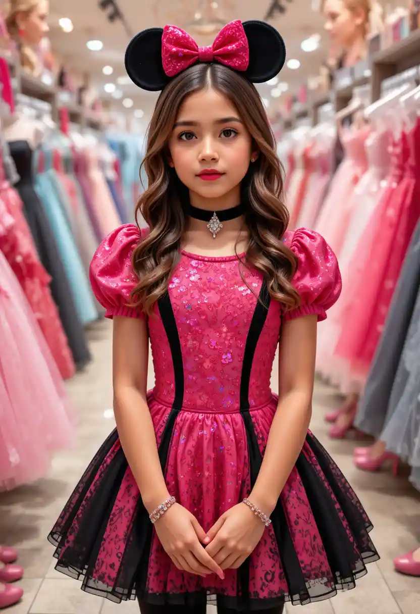 Young girl in pink Minnie dress at Disney boutique
