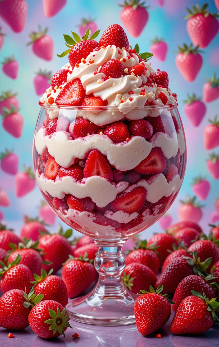 Giant strawberry parfait sundae in a round glass goblet