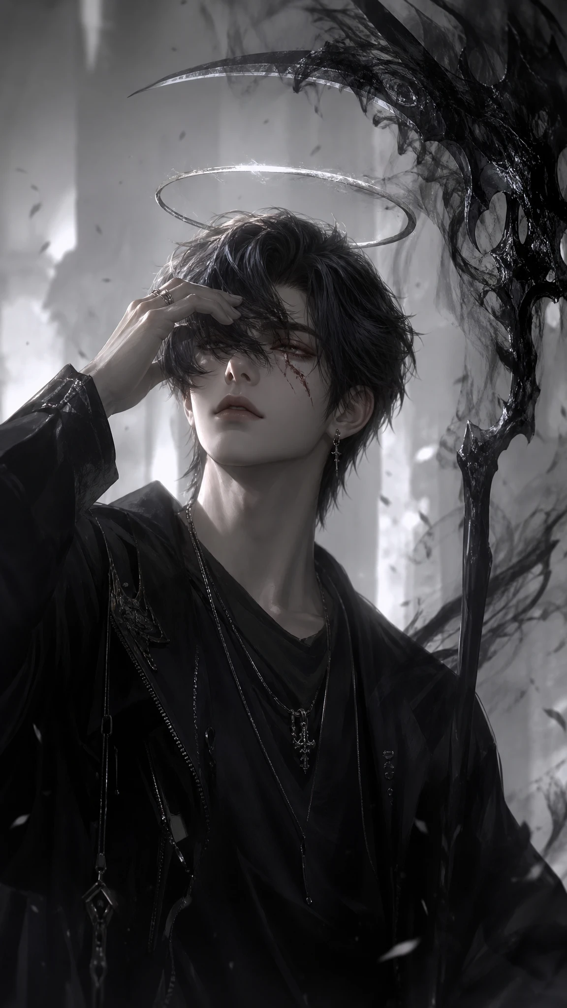 Young man lifting dark bangs to reveal a scarred eye
