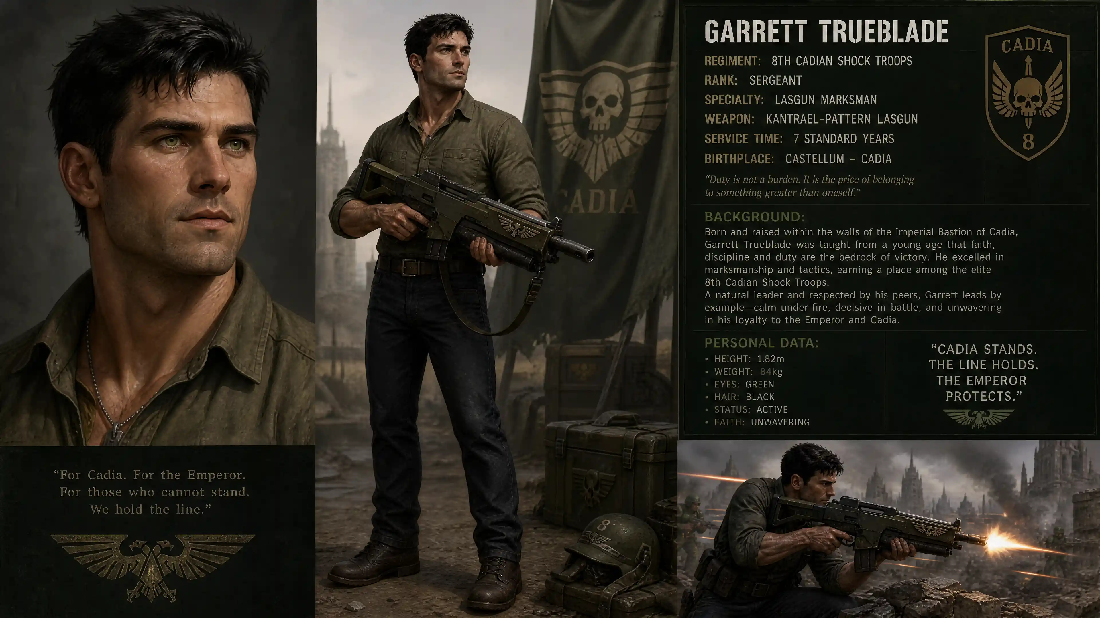 Fit dark haired man with lasgun in casual modern clothing