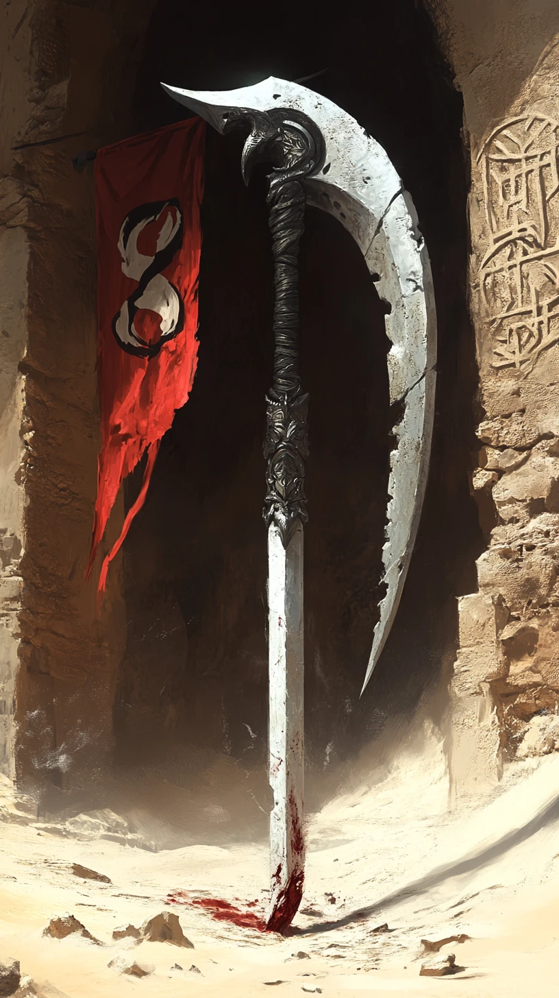 Battle scythe in sandy ancient ruins with red runes