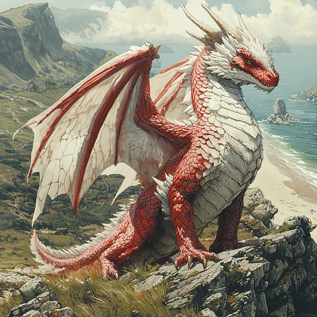 Drago rosso e bianco su una montagna erbosa con vista sulla spiaggia