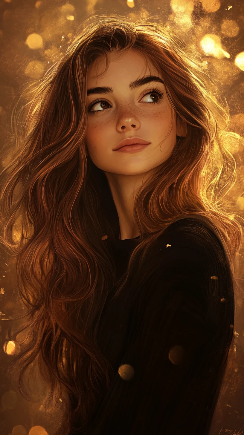 Warm digital portrait of a young woman looking upward