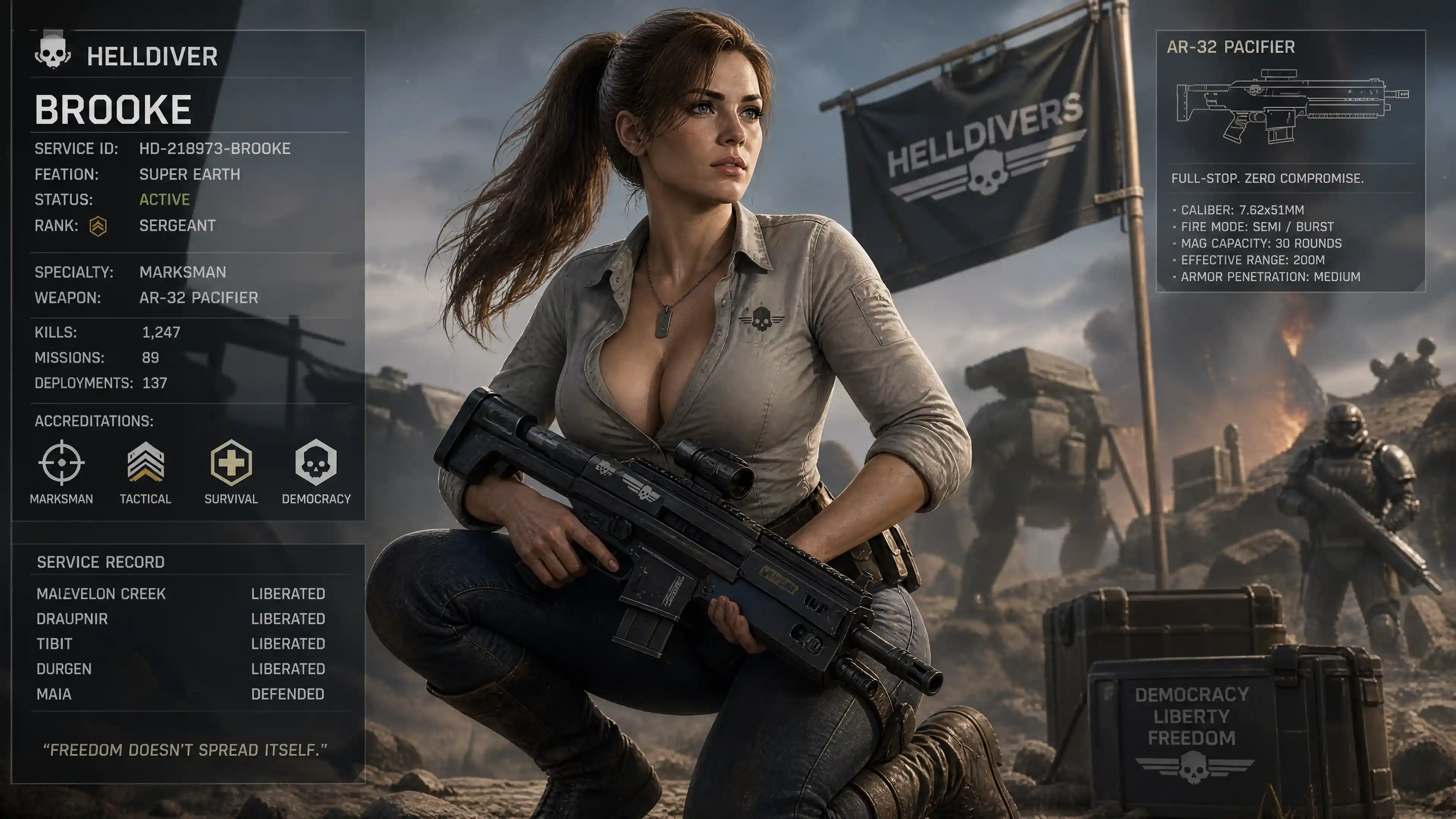Brave female warrior in casual shirt jeans and boots