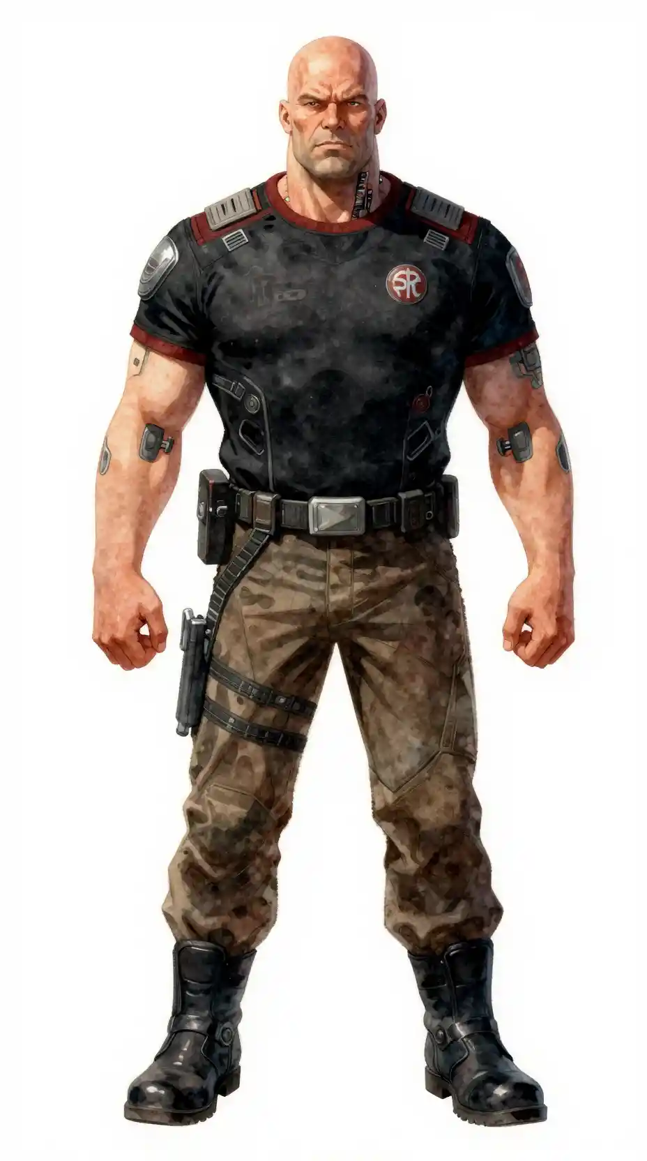 Bald cybernetic officer standing in futuristic uniform