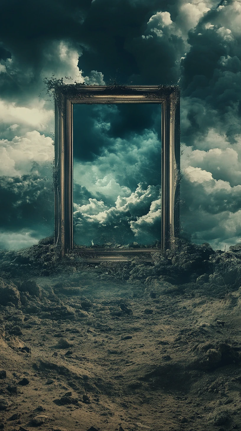 Distant picture frame in a crumbling fantasy anime landscape
