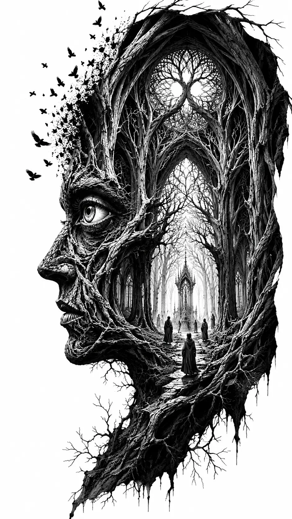 Silhouette Umana Surreale che si Apre in una Cattedrale Vivente di Alberi