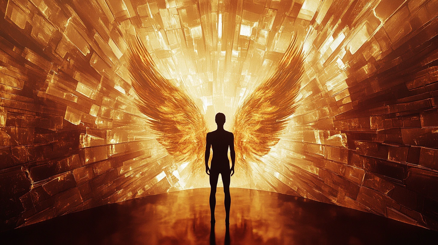 Human figure within a transforming phoenix silhouette sequence
