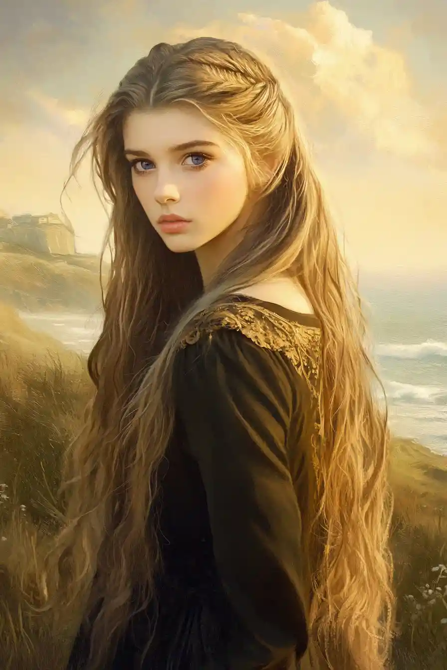 Wistful long haired girl by a serene coastal landscape