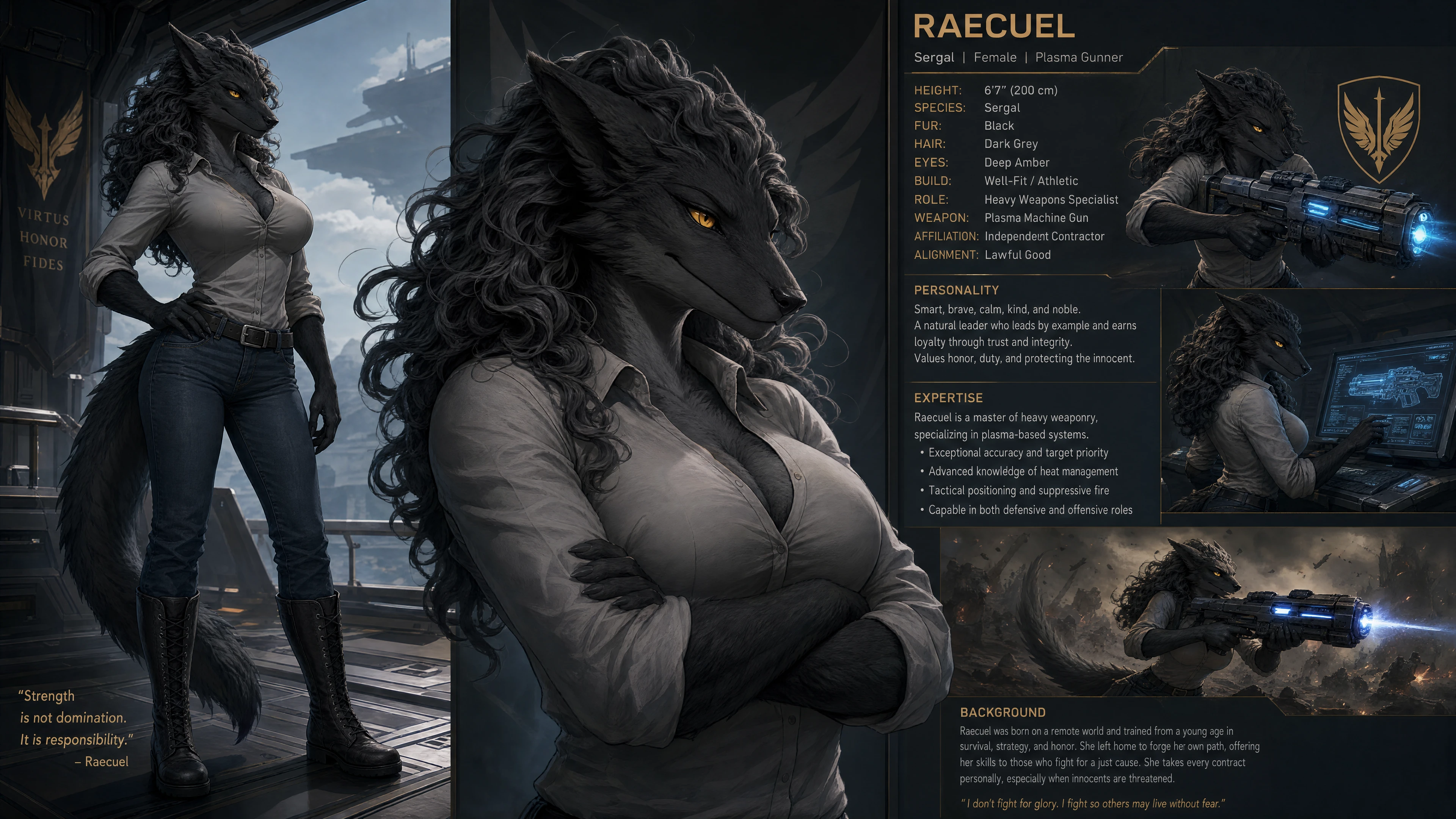 Tall black fur sergal warrior woman with plasma rifle