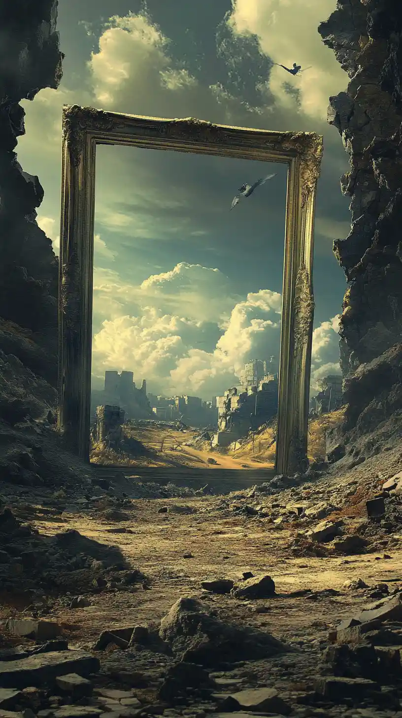 Surreal fantasy worlds with a distant empty picture frame