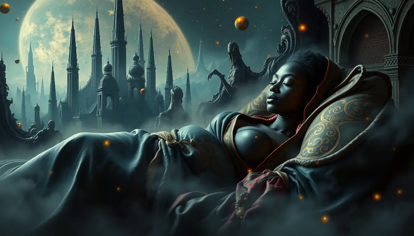 Donna che dorme in un mondo onirico surreale e luminoso