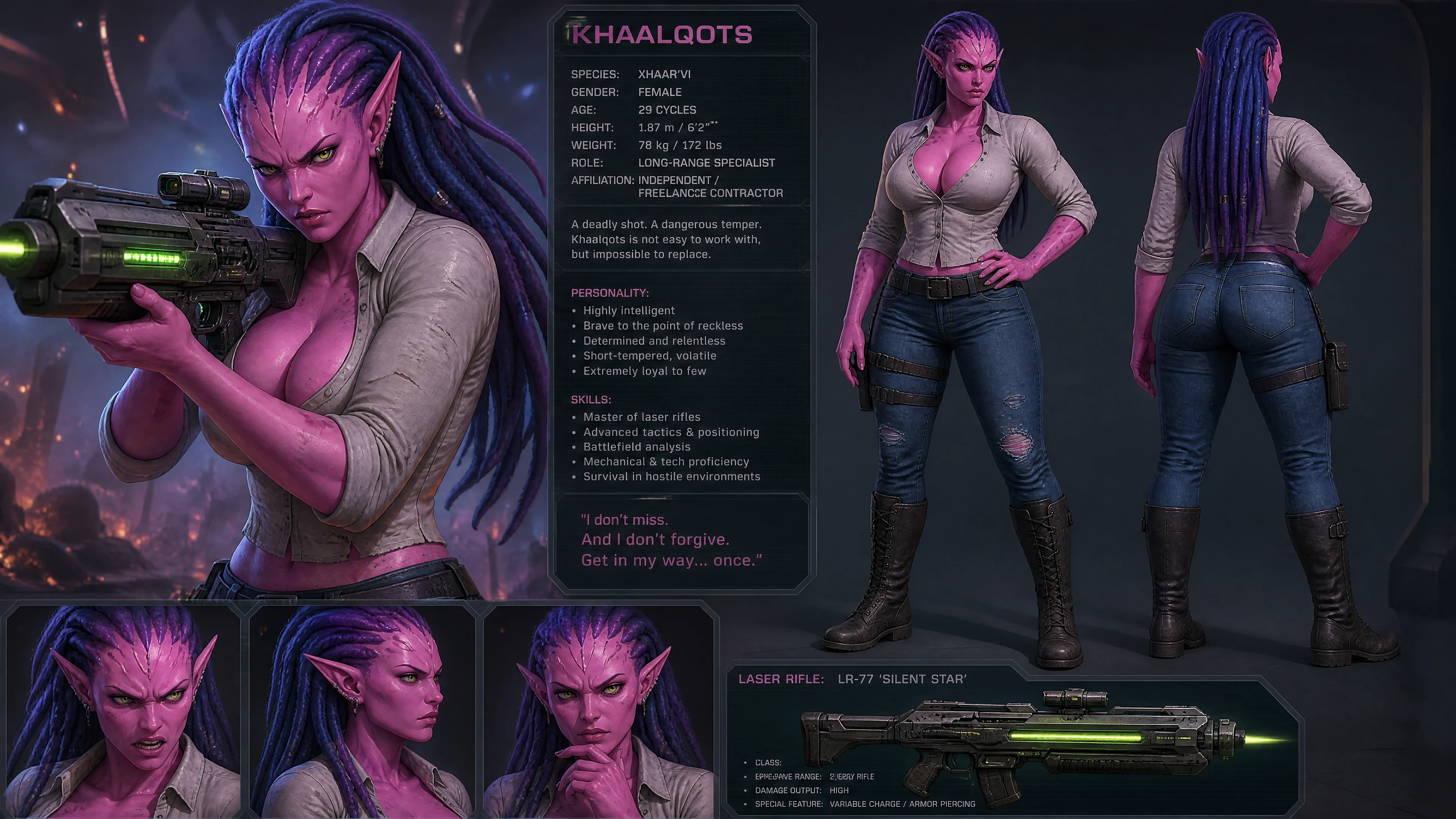 Pink alien woman with rifle in casual human clothing